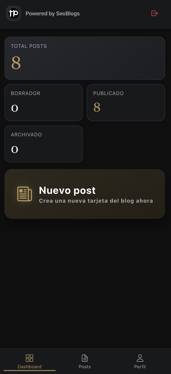 SeoBlogs dashboard with post stats